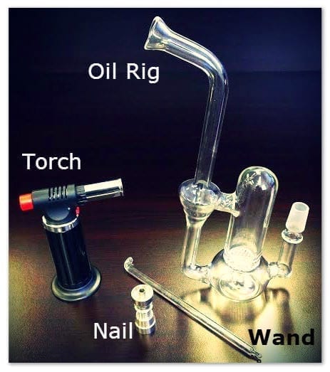 Components needed for Dab Rig; glass piece, nail, dabber wand, torch