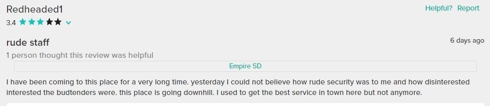 Negative customer review of the Empire SD dispensary.
