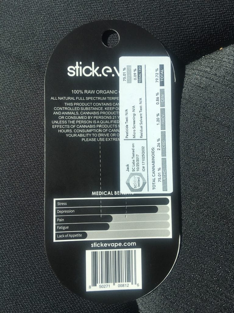 stick e vape back of packaging